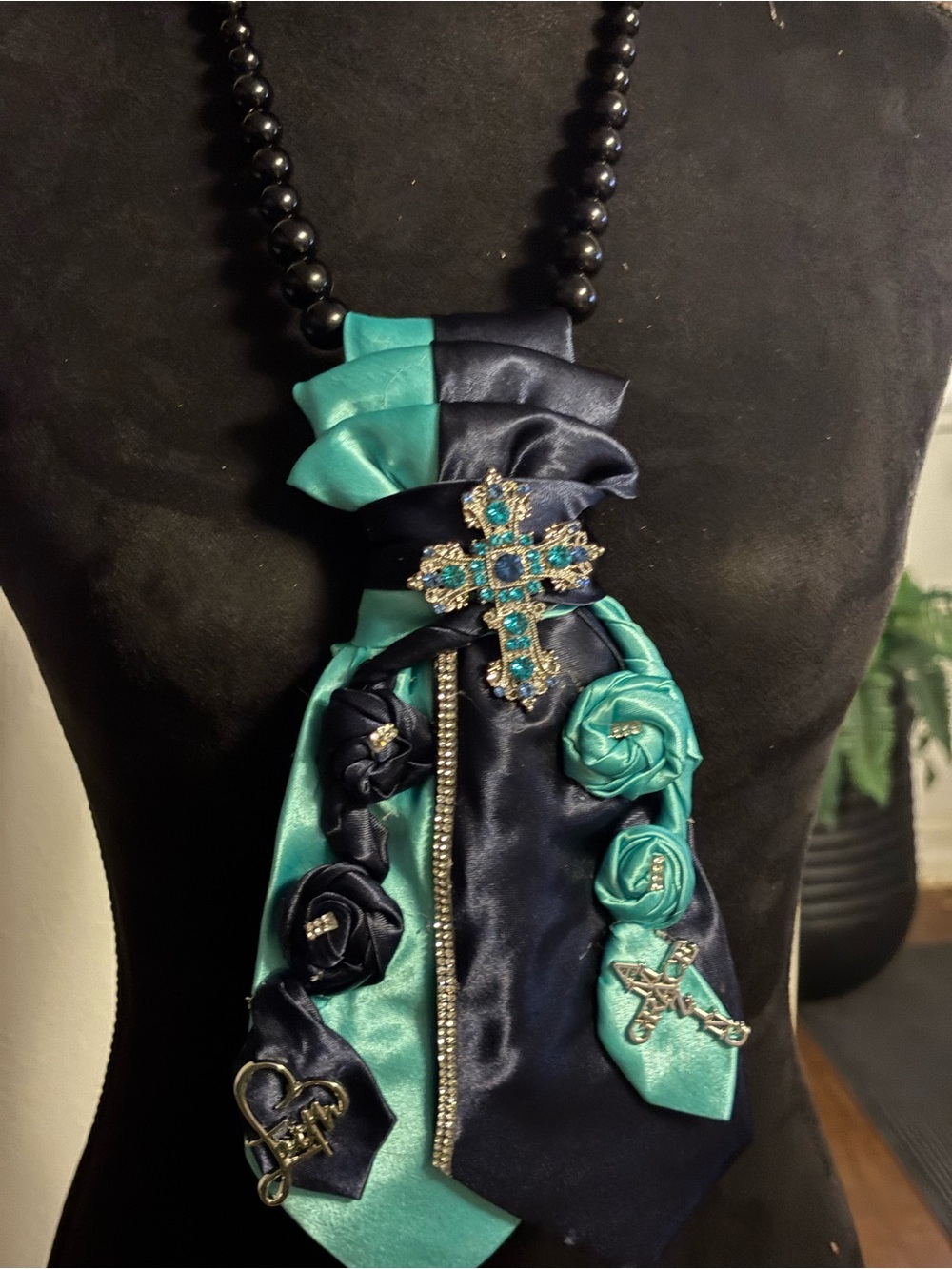 Teal and Navy Satin Cross Pendant Necklace - Women's Fashion Jewelry